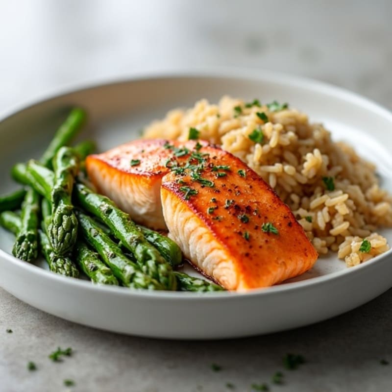 Seared Salmon with Steamed Asparagus and Brown Rice