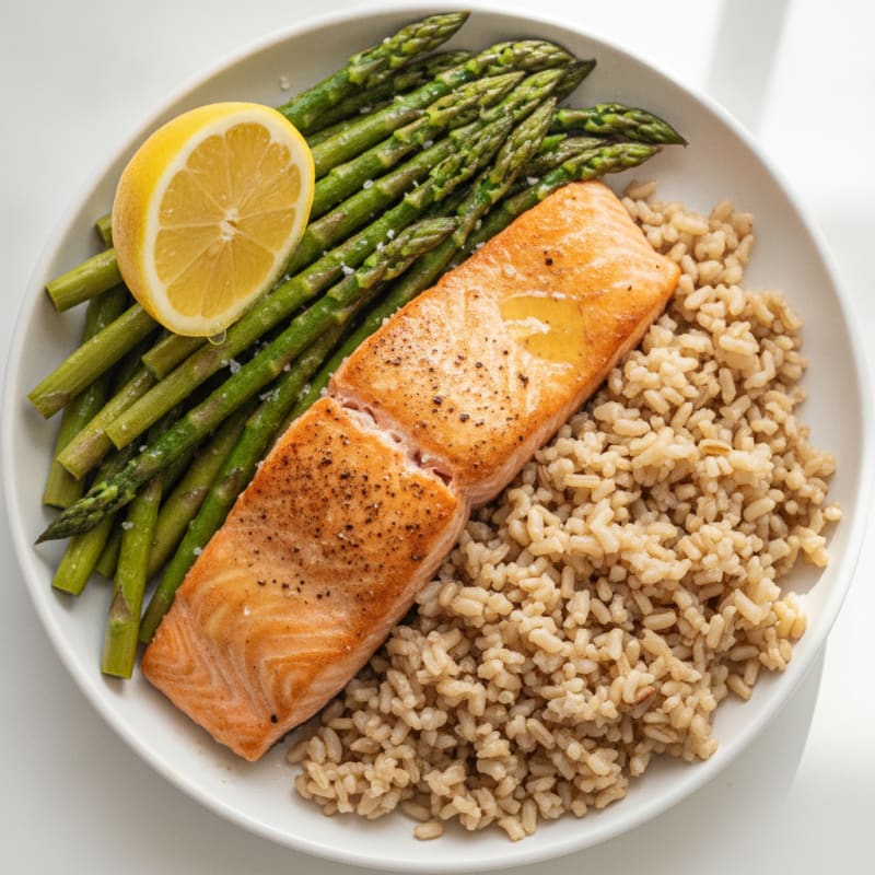 Pan-Seared Salmon with Steamed Asparagus and Brown Rice