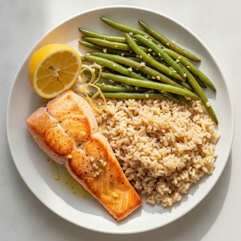 Seared Salmon with Garlic Green Beans and Brown Rice
