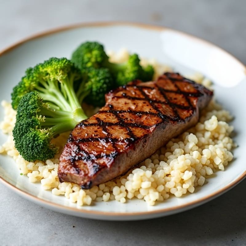 Seared Lean Beef Strips with Steamed Broccoli and Cauliflower Rice