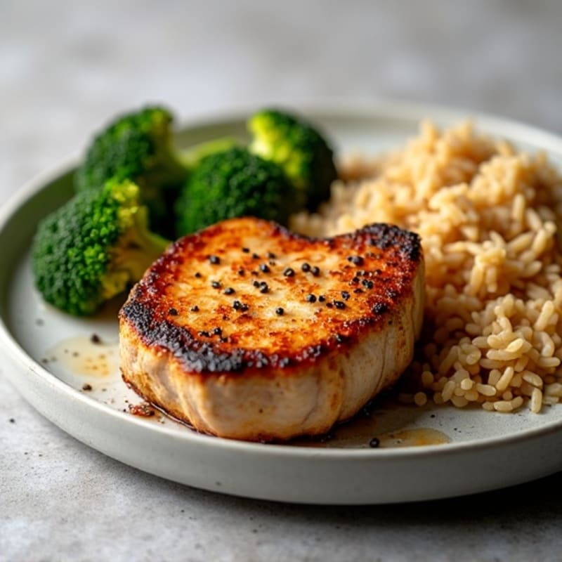 Tender Pan-Seared Pork Chops with Brown Rice and Roasted Broccoli