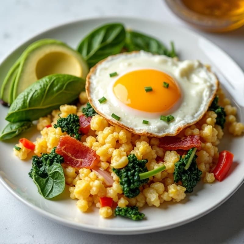 Egg White Veggie Scramble with Cottage Cheese and Turkey Bacon