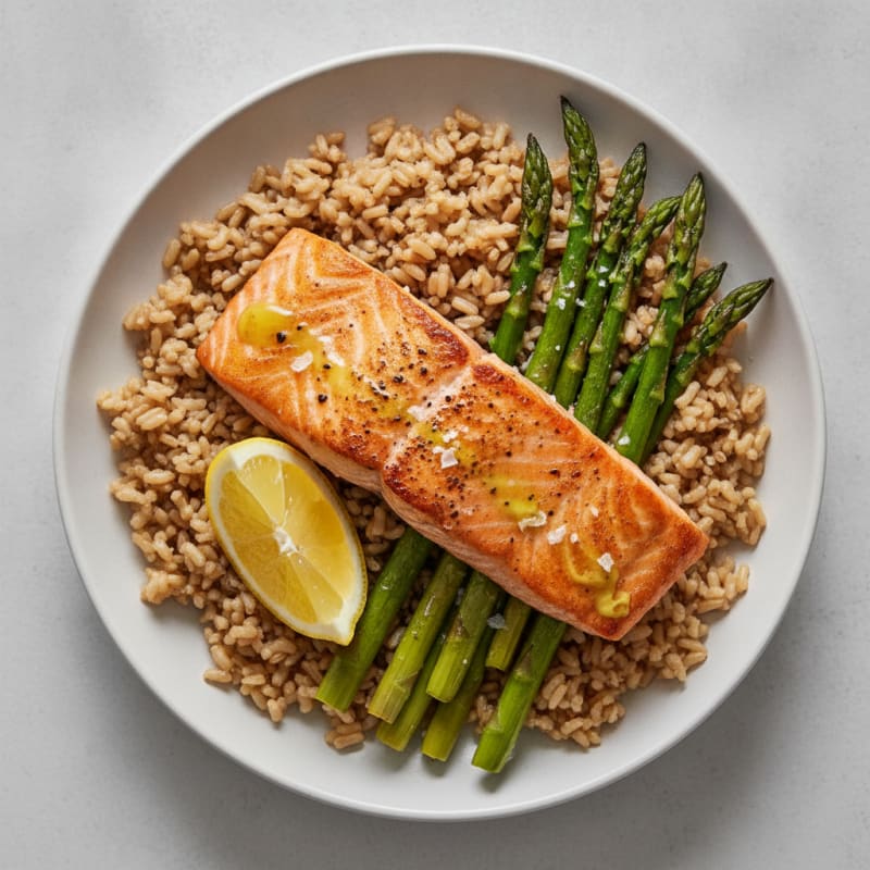 Seared Salmon Fillet with Roasted Asparagus and Brown Rice