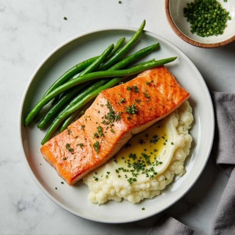 Seared Salmon with Garlic Green Beans and Cauliflower Mash