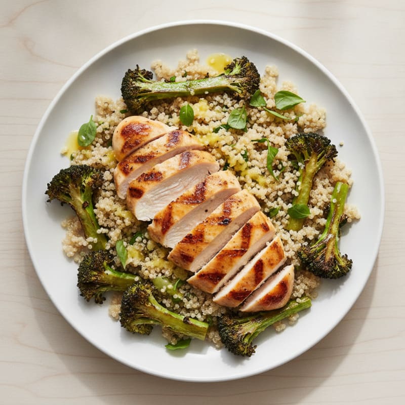 Grilled Chicken Breast Salad with Quinoa and Roasted Broccoli