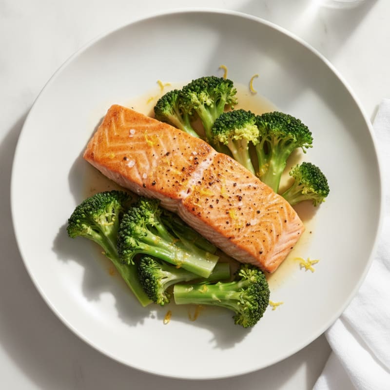 Seared Salmon with Steamed Broccoli and Lemon Zest