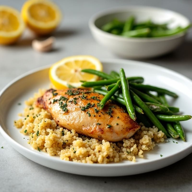Lemon Herb Roasted Chicken with Crispy Green Beans and Quinoa