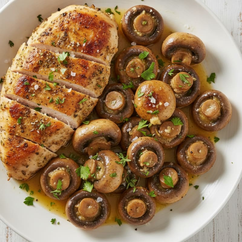 Roasted Garlic Butter Mushrooms with Herb-Crusted Chicken