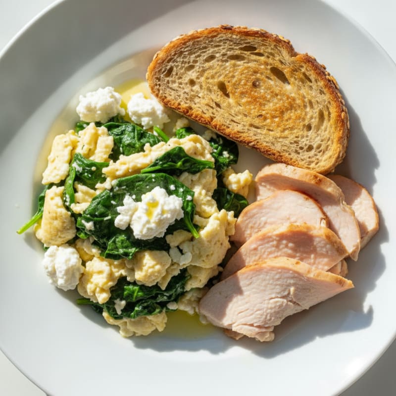 Egg White Spinach Scramble with Cottage Cheese and Sliced Turkey