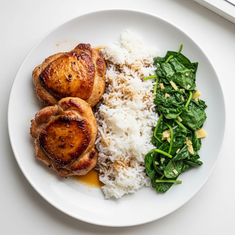 Seared Dark Meat Turkey with Steamed Rice and Sautéed Greens