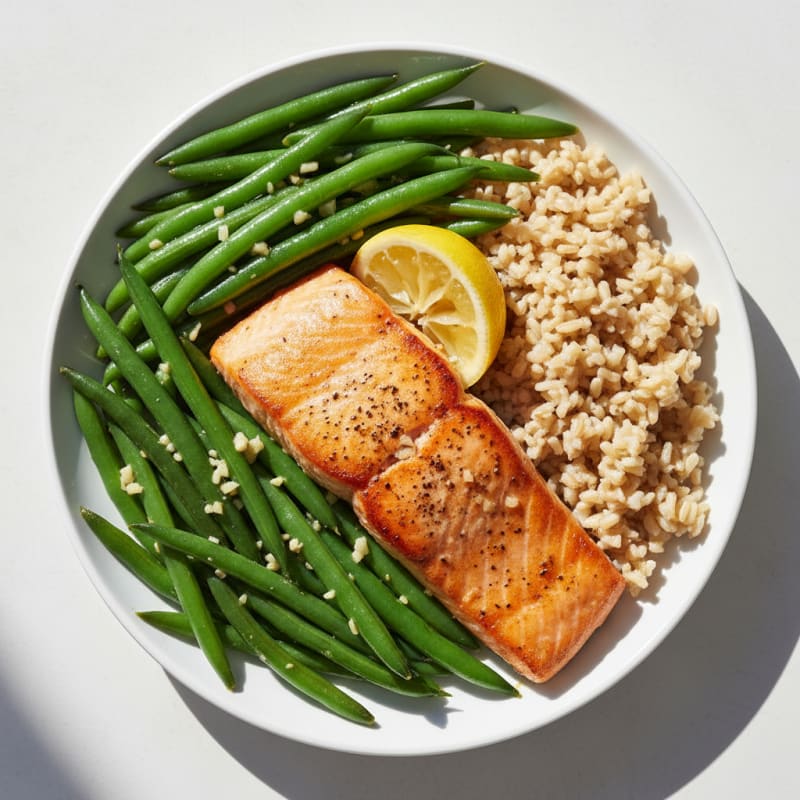 Seared Salmon with Garlic Green Beans and Brown Rice