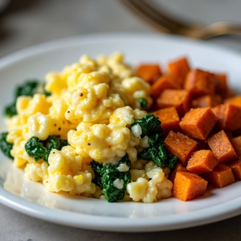 Fluffy Egg Scramble with Sautéed Greens and Crispy Sweet Potato Hash