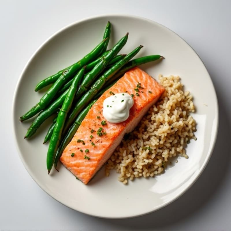 Seared Salmon with Garlic Green Beans and Brown Rice