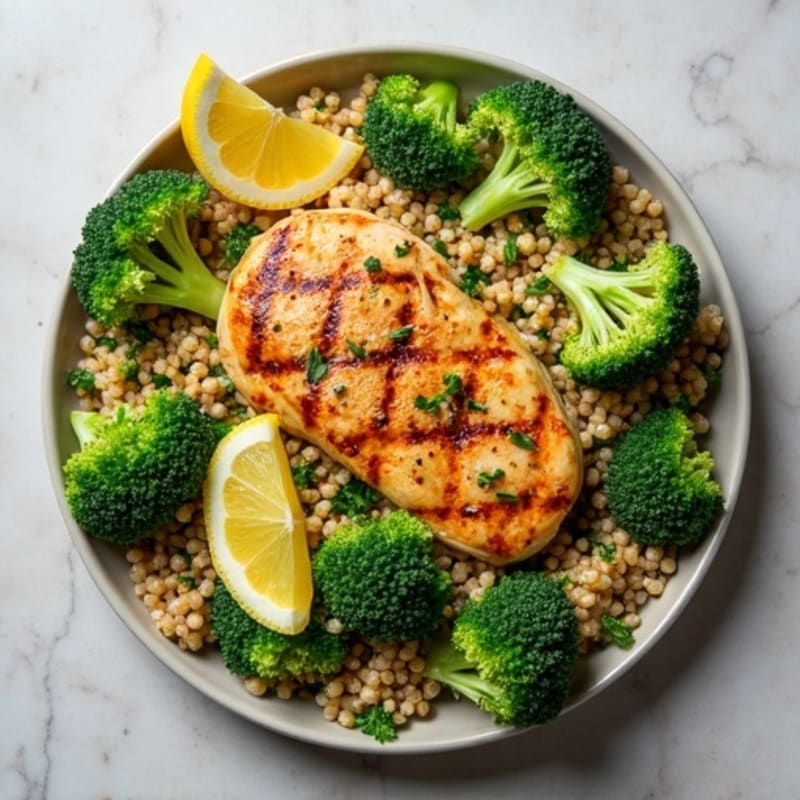 Grilled Chicken Breast and Quinoa Salad with Roasted Broccoli