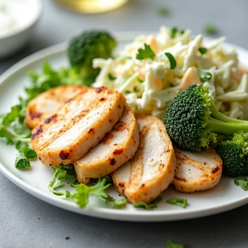 Grilled Chicken Breast with Crunchy Broccoli Slaw and Greek Yogurt Dressing