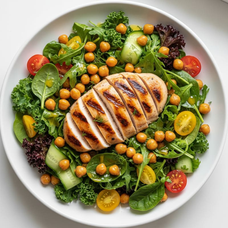Grilled Chicken Breast Salad with Mixed Greens and Chickpeas