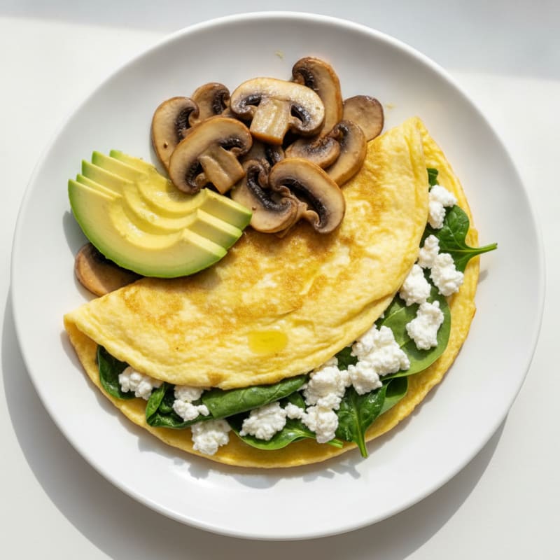 Egg White Spinach Omelet with Cottage Cheese and Sautéed Mushrooms
