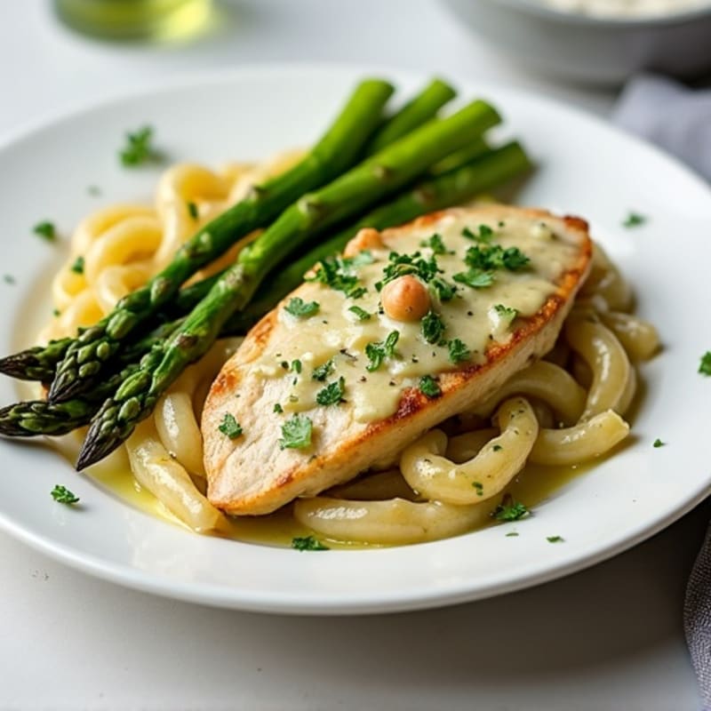 Creamy Pesto Chicken Pasta with Roasted Asparagus