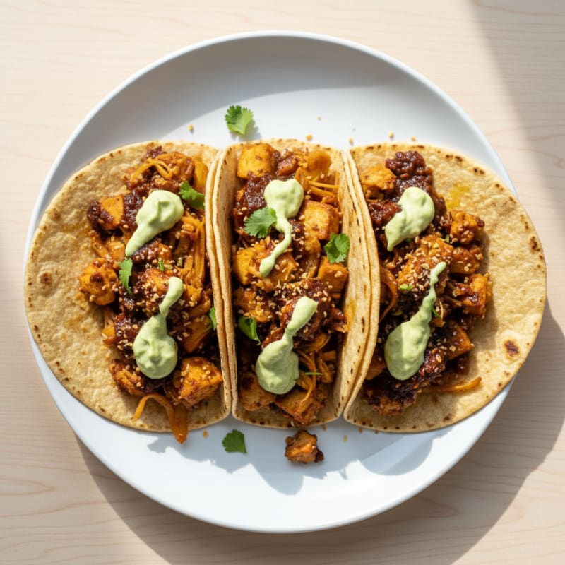 Jackfruit Adobo Tacos with Avocado Crema