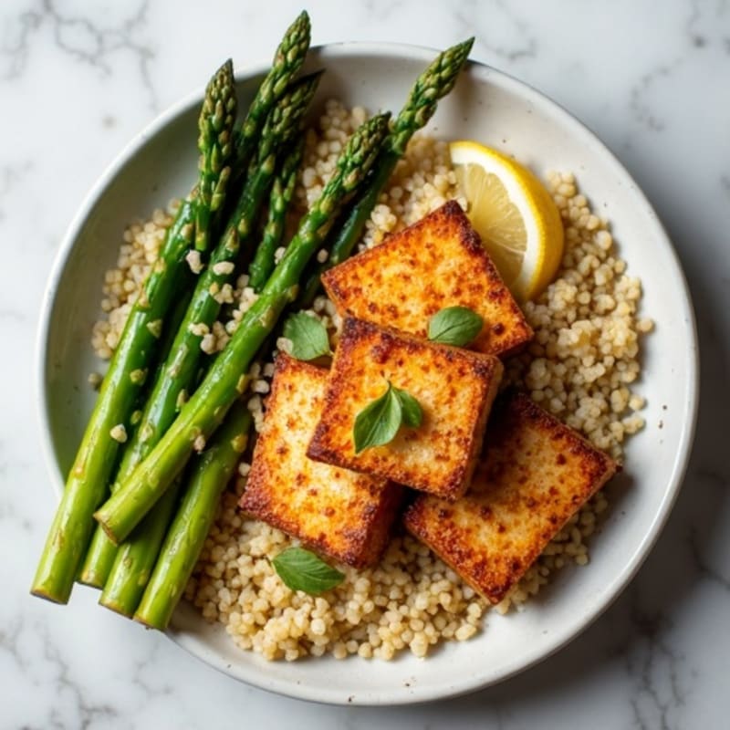 Crispy Baked Tofu with Roasted Asparagus and Quinoa