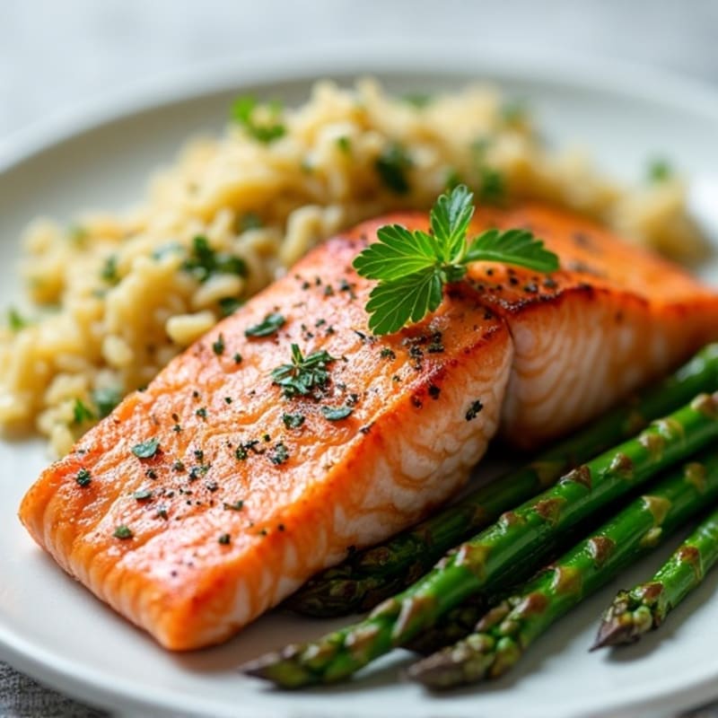 Seared Salmon Fillet with Herb Rice and Steamed Asparagus