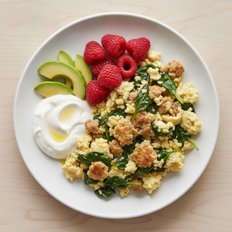 Egg White and Turkey Sausage Scramble with Greek Yogurt and Spinach