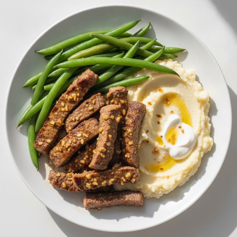 Seared Lean Beef Strips with Steamed Green Beans and Cauliflower Mash
