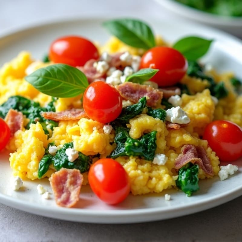 Fluffy Egg Scramble with Sautéed Spinach and Cherry Tomatoes
