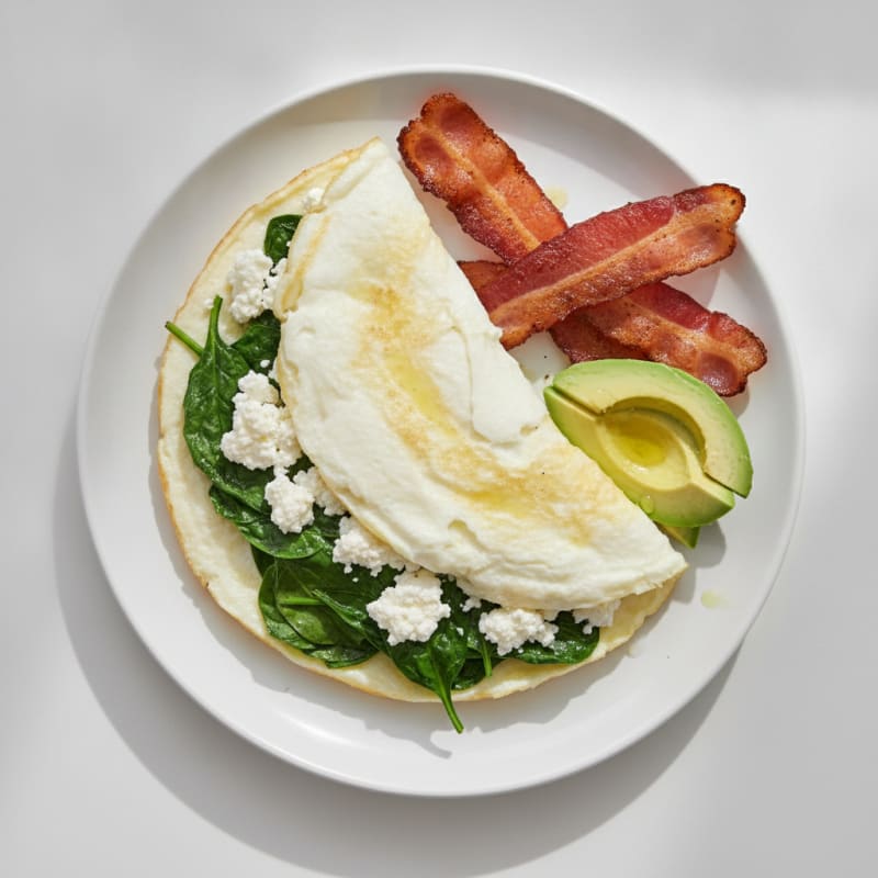 Egg White Spinach Omelette with Cottage Cheese and Turkey Bacon