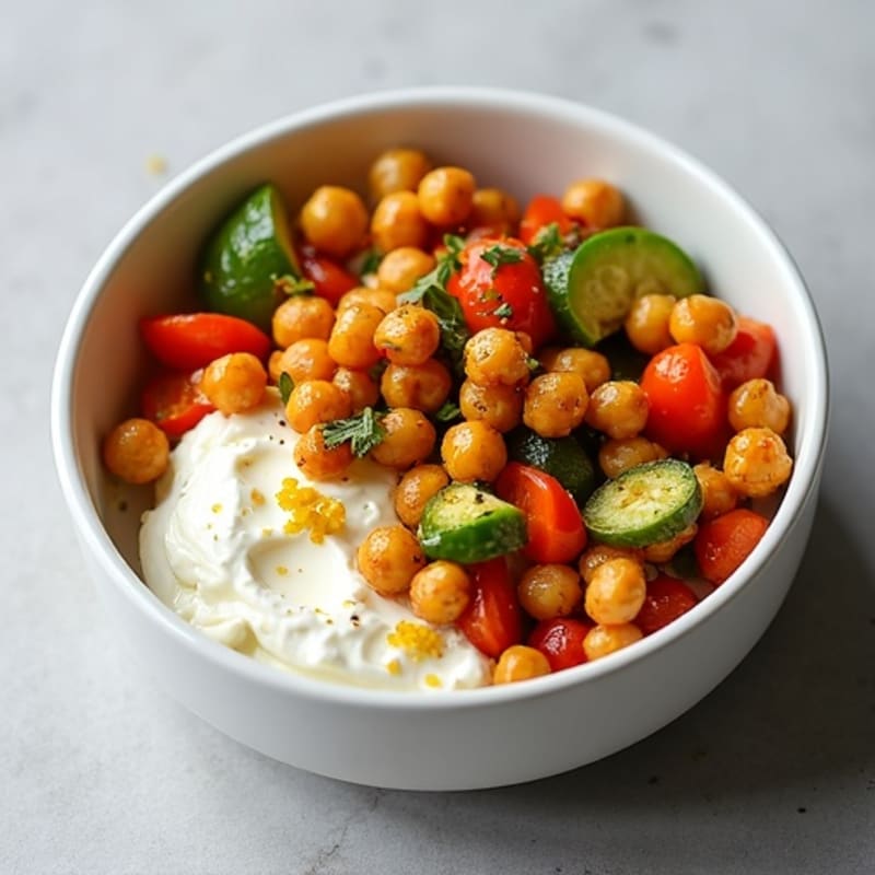 Creamy Cottage Cheese Bowl with Roasted Vegetables and Crispy Chickpeas
