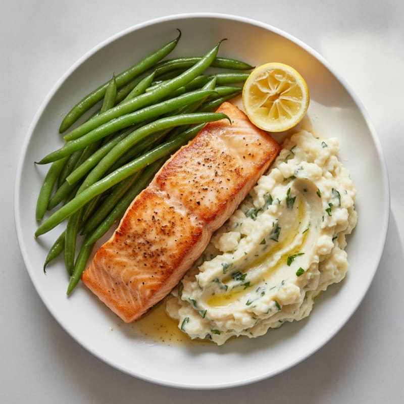 Seared Salmon with Steamed Green Beans and Garlic Mashed Cauliflower