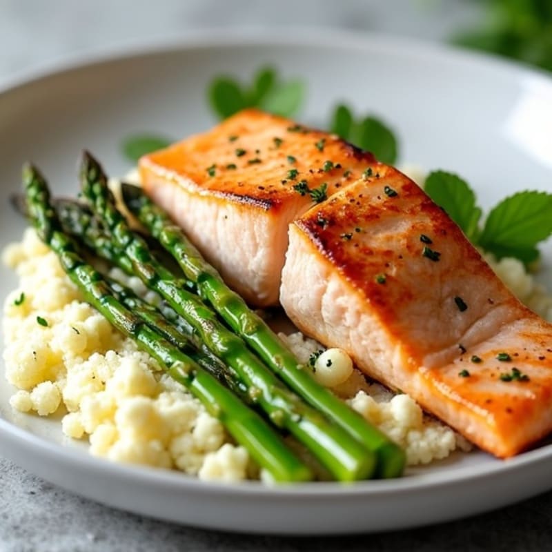 Seared Salmon with Steamed Asparagus and Garlic Cauliflower Mash
