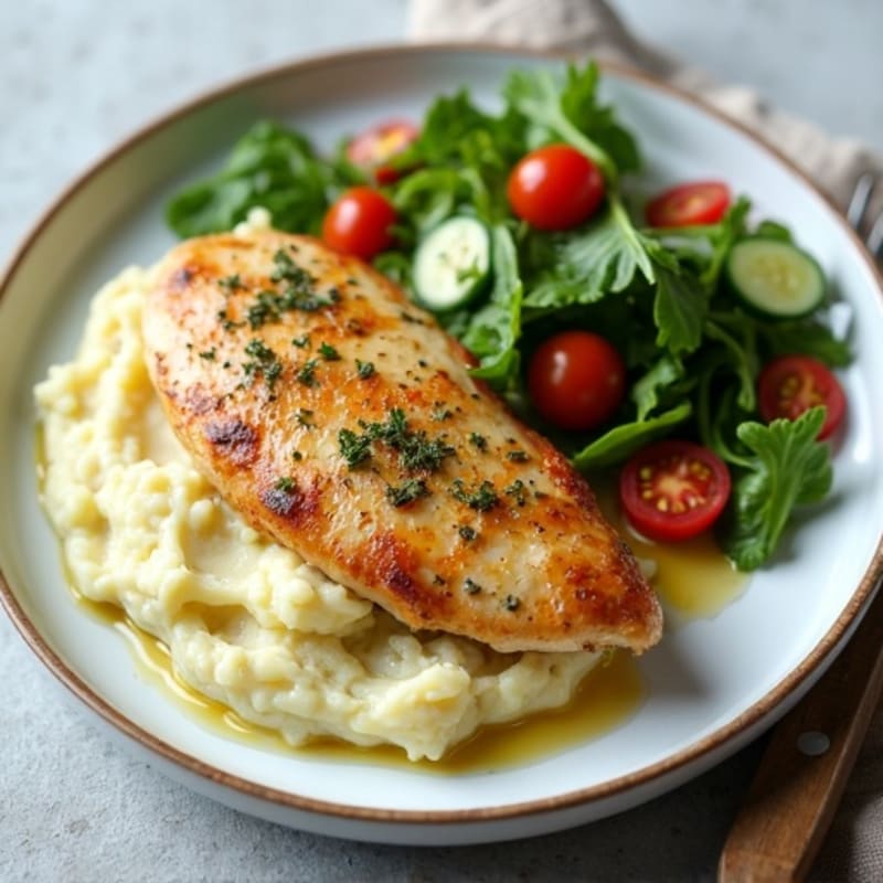 Herb-Roasted Chicken Breast with Garlic Mashed Potatoes and Side Salad