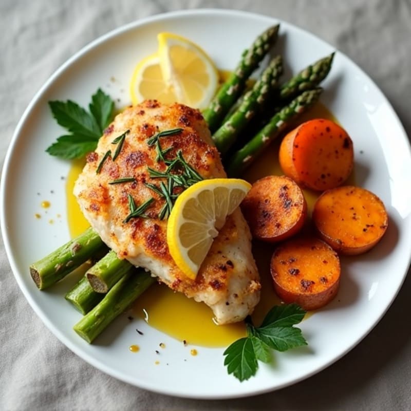 Crispy Lemon-Herb Roasted Chicken with Roasted Asparagus and Sweet Potatoes