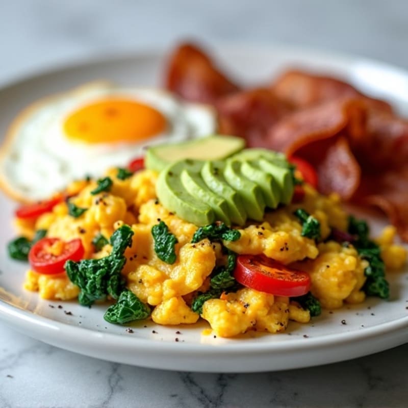 Egg White Veggie Scramble with Cottage Cheese and Turkey Bacon
