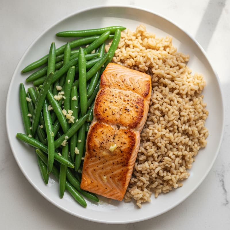 Seared Salmon with Garlic Green Beans and Brown Rice