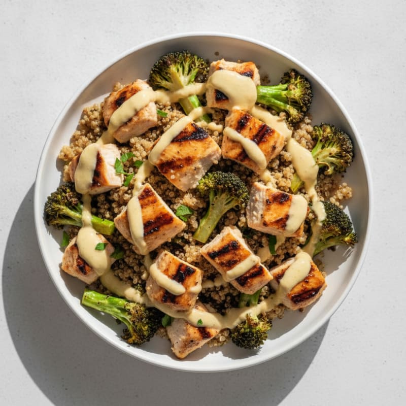 Grilled Chicken Quinoa Bowl with Roasted Broccoli and Lemon Tahini Drizzle