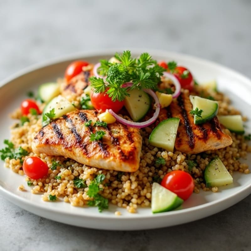 Grilled Chicken Breast with Quinoa Tabbouleh and Lemon Tahini Drizzle
