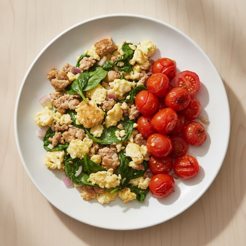 Egg White and Spinach Scramble with Lean Turkey and Sautéed Tomatoes