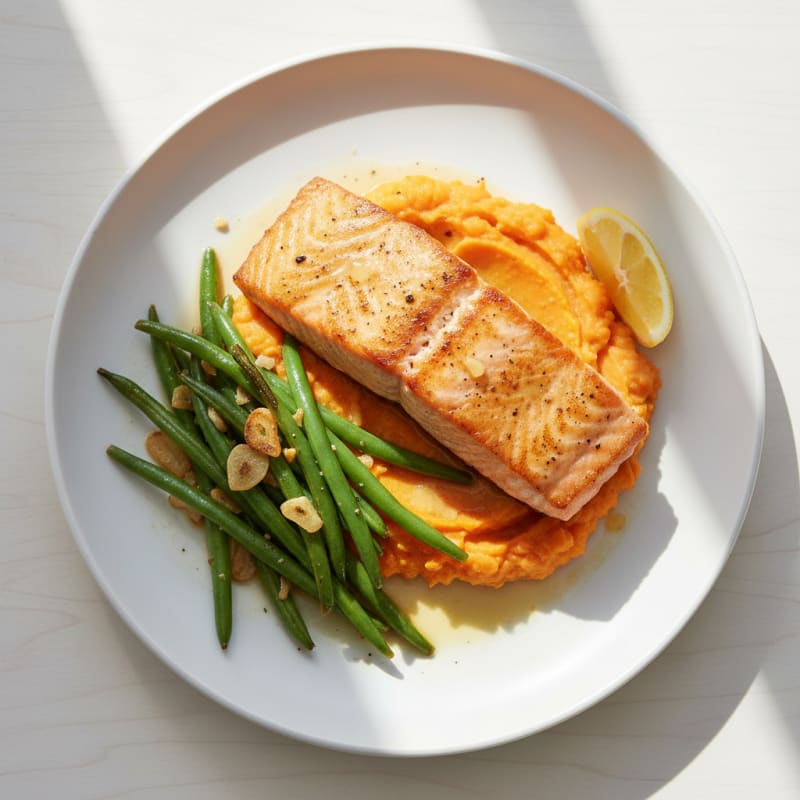Seared Salmon Fillet with Garlic Green Beans and Sweet Potato Mash
