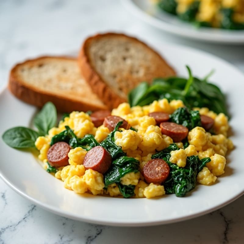 Egg White and Turkey Sausage Scramble with Sautéed Spinach