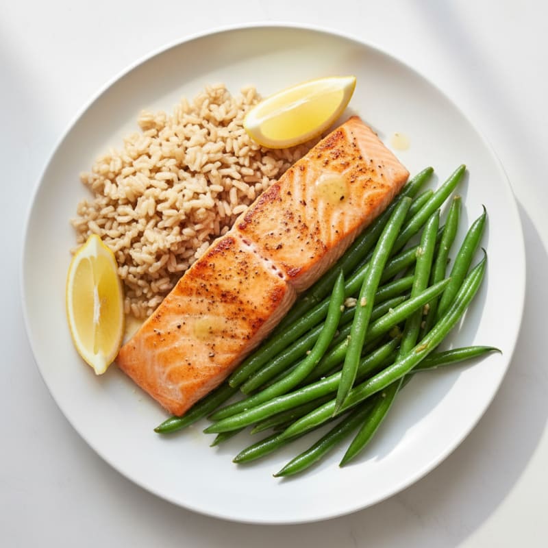 Seared Salmon Fillet with Steamed Green Beans and Brown Rice
