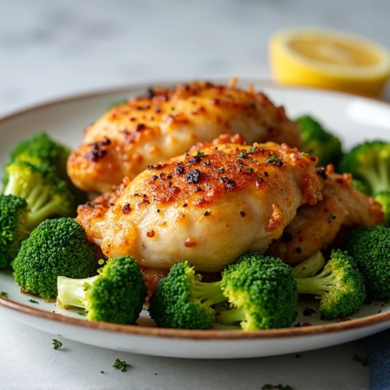 Crispy Lemon Herb Roasted Chicken Thighs with Roasted Broccoli