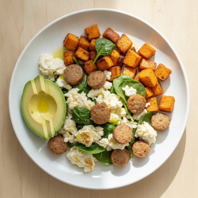 Egg White and Turkey Sausage Scramble with Roasted Sweet Potato