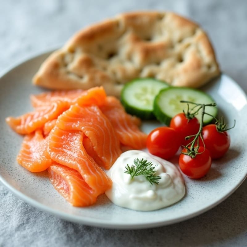 Smoked Salmon Protein Plate with Creamy Lemon-Dill Spread and Fresh Vegetables
