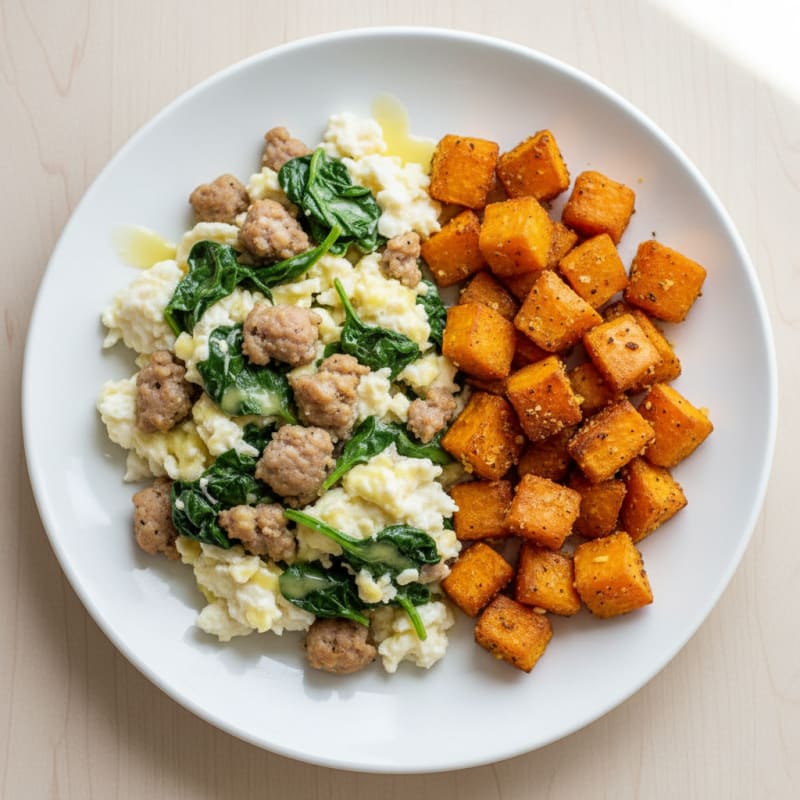 Egg White and Turkey Sausage Scramble with Spinach and Roasted Sweet Potato