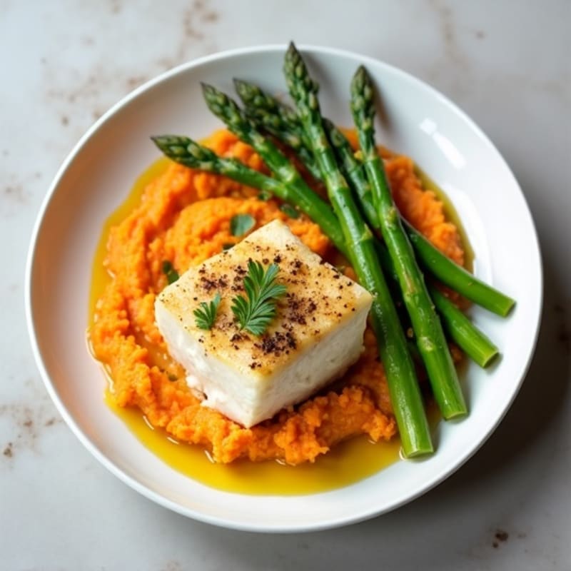 Baked Cod with Steamed Asparagus and Sweet Potato Mash