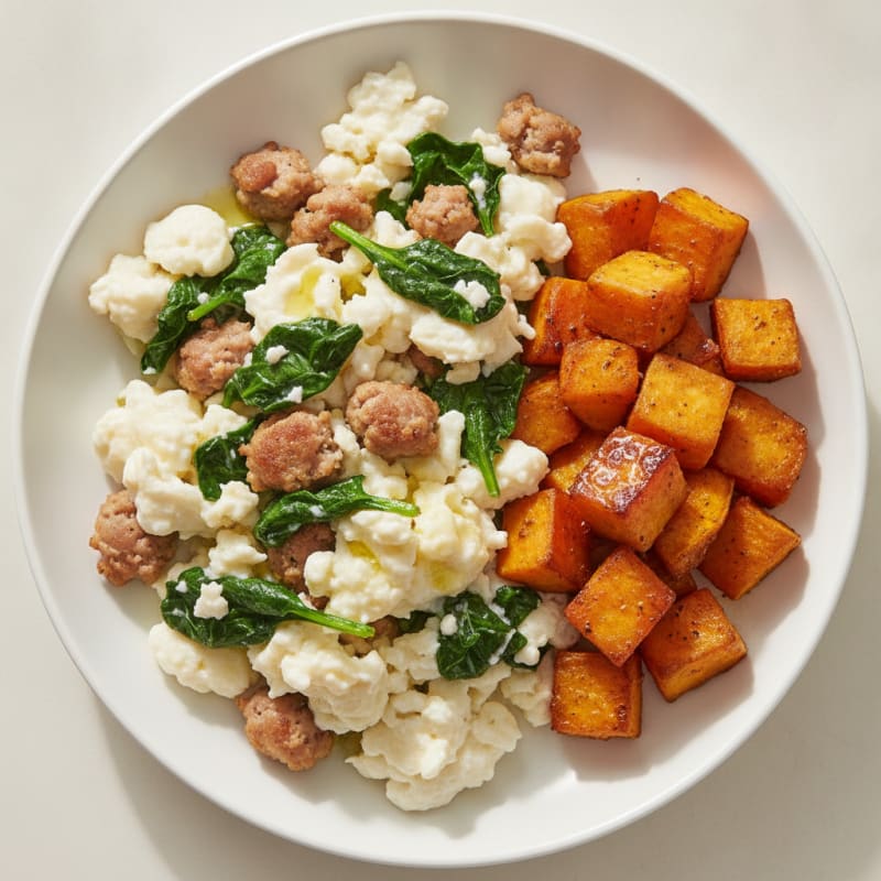 Egg White and Turkey Sausage Scramble with Spinach and Roasted Sweet Potato