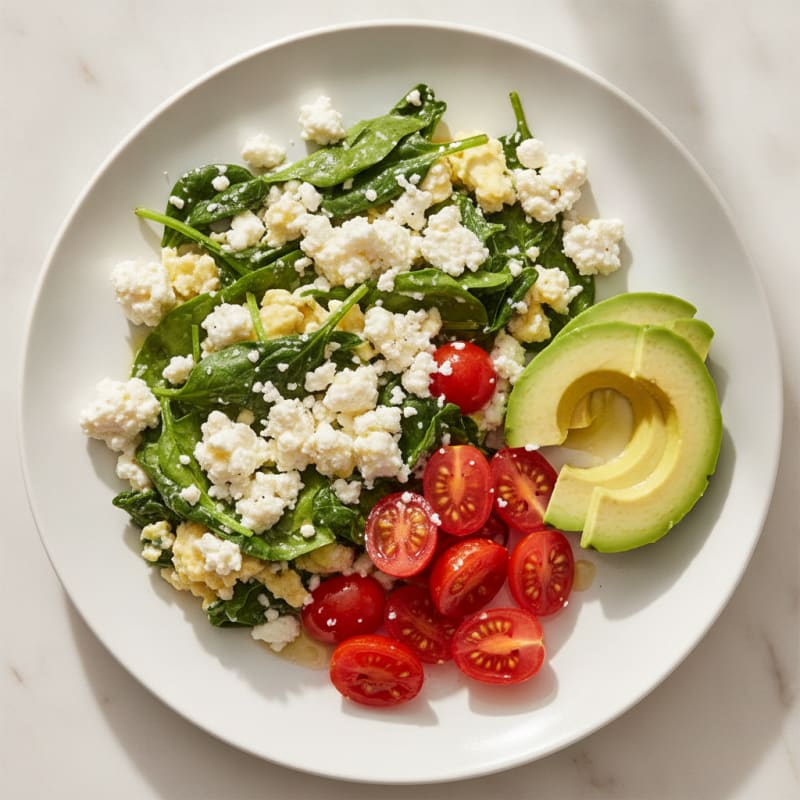 Egg White and Spinach Scramble with Cottage Cheese and Cherry Tomatoes