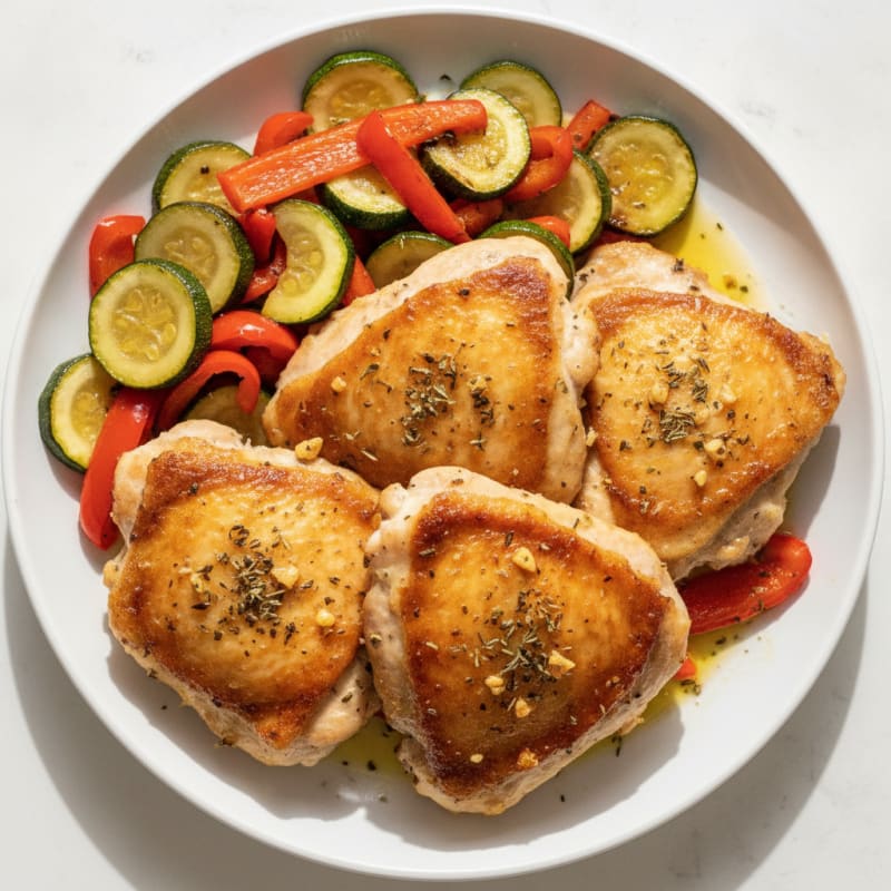 Herb-Seared Chicken Thighs with Sautéed Zucchini and Bell Peppers